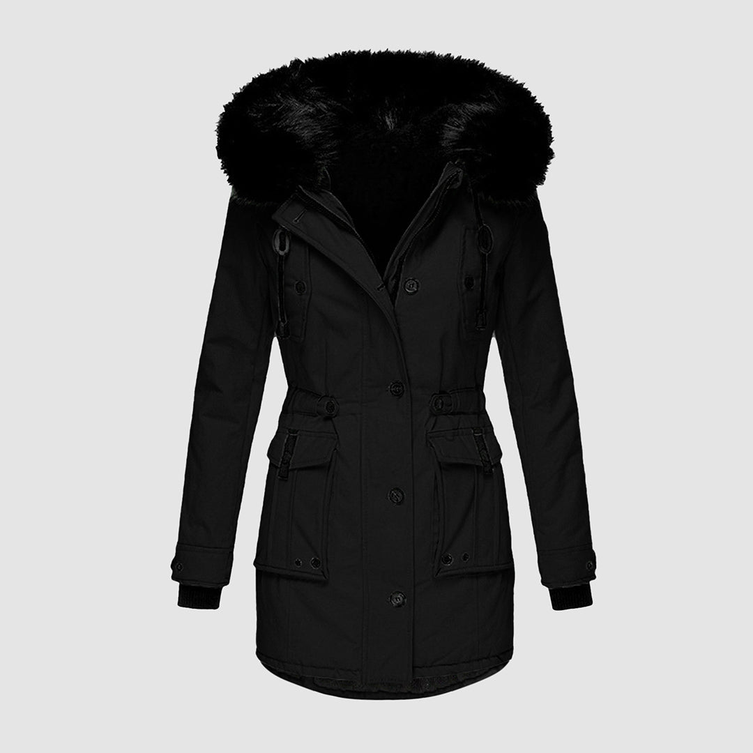 Lange waterdichte winterjas met bontkraag – Dames