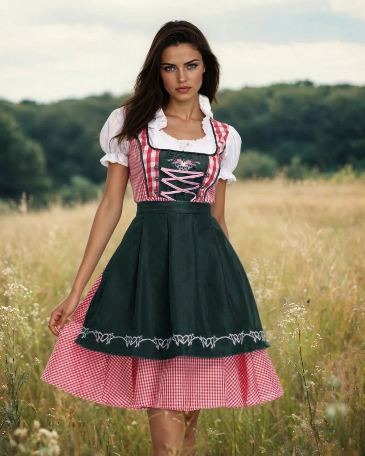 Geruite Oktoberfest dirndl jurk met schort en authentieke details – Dames