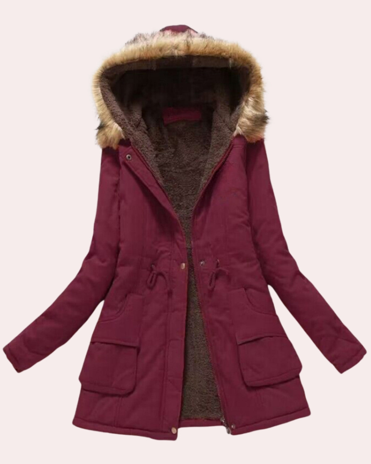 Gewatteerde winterjas met geborduurde capuchon en slanke pasvorm – Dames