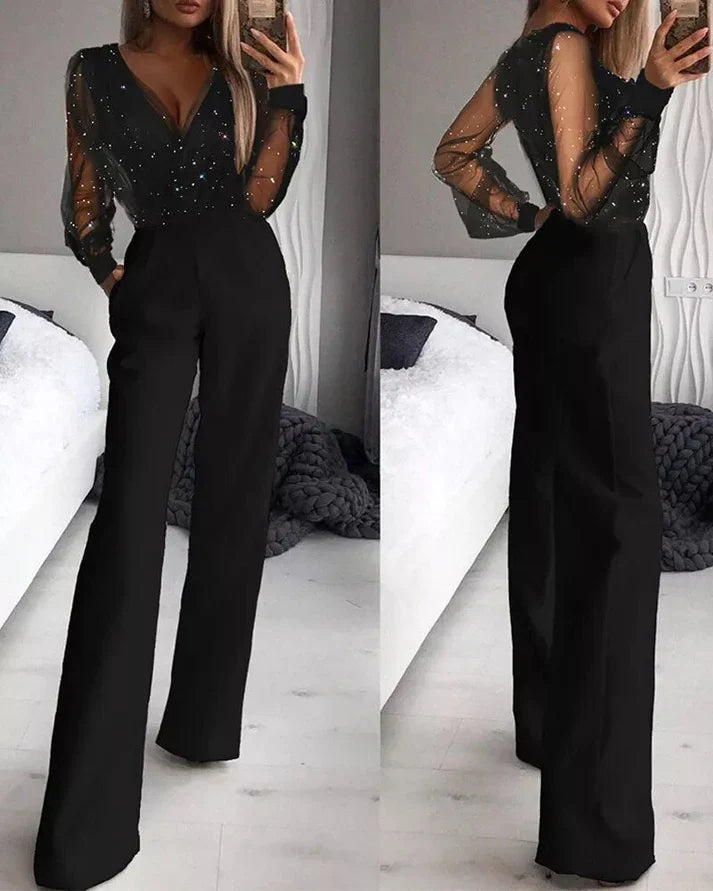 Verfijnde jumpsuit met transparante mouwen – Dames