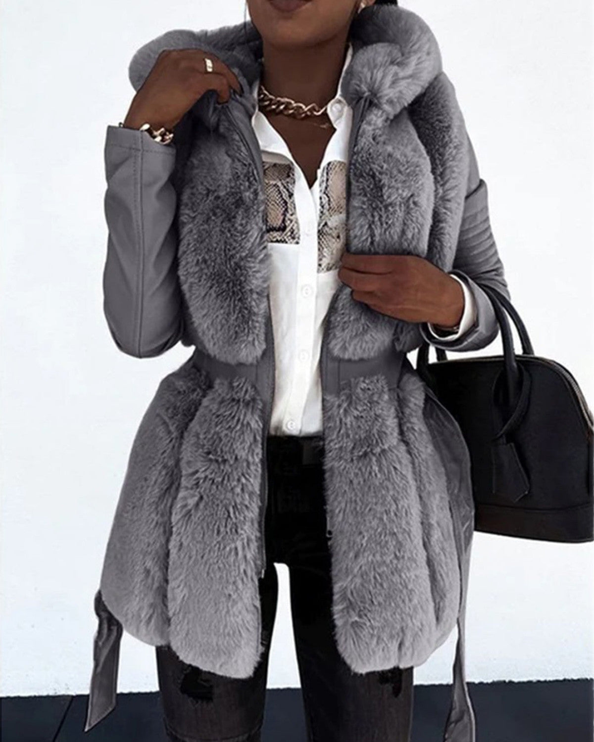 Imitatie leren winterjas met capuchon – Dames