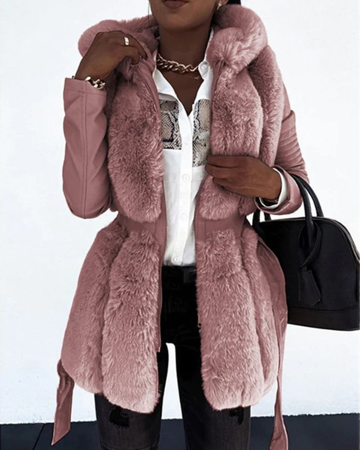 Imitatie leren winterjas met capuchon – Dames