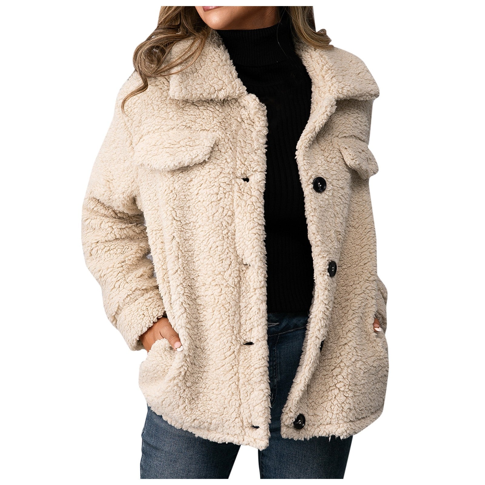 Stijlvolle dubbelzijdige teddy fleece jas met opstaande kraag – Dames