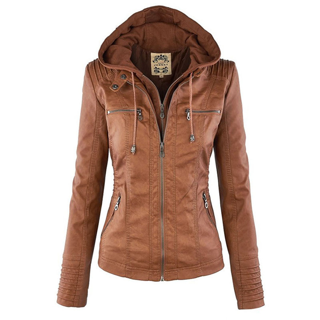 Korte leren jas met afneembare capuchon – Dames