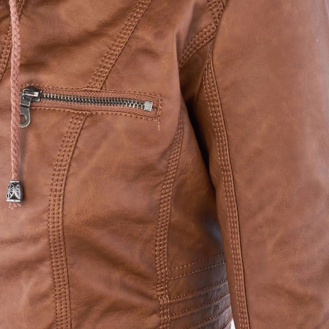 Korte leren jas met afneembare capuchon – Dames