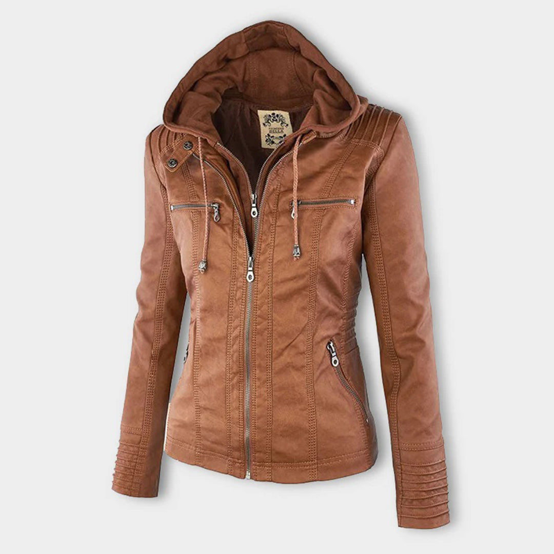 Korte leren jas met afneembare capuchon – Dames