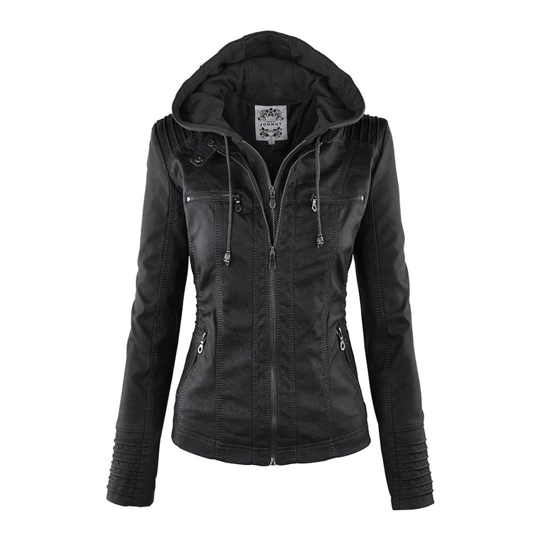 Korte leren jas met afneembare capuchon – Dames