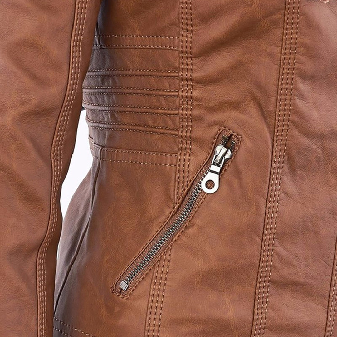Korte leren jas met afneembare capuchon – Dames
