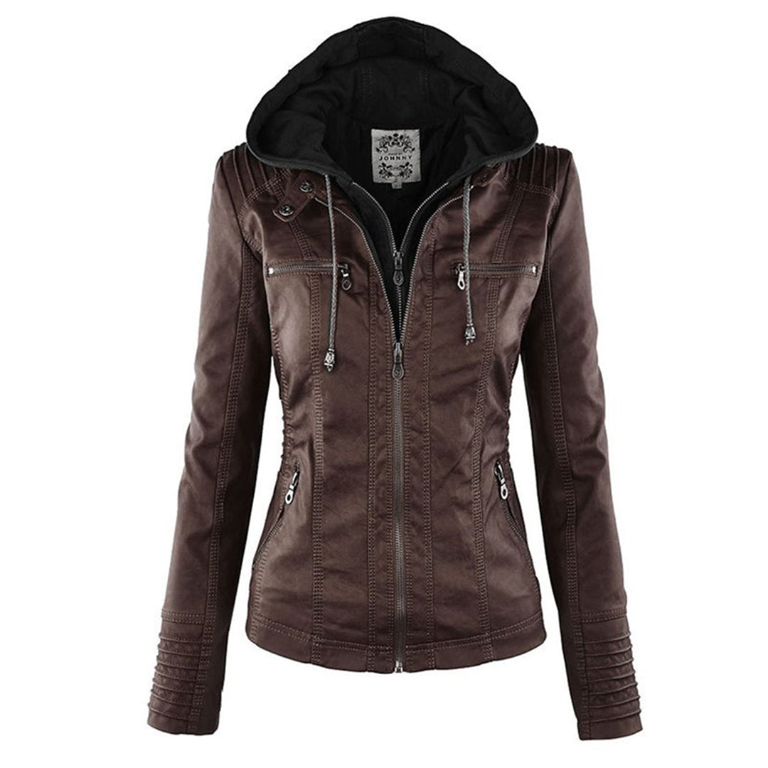 Korte leren jas met afneembare capuchon – Dames