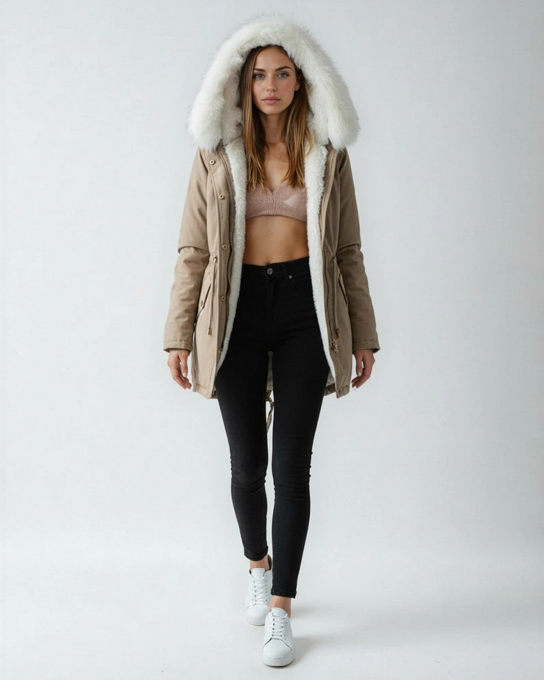 Lange waterdichte winterjas met witte bontkraag – Dames