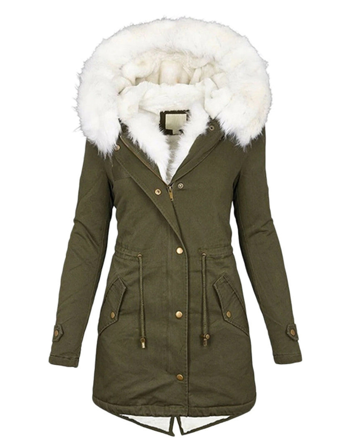 Lange waterdichte winterjas met witte bontkraag – Dames