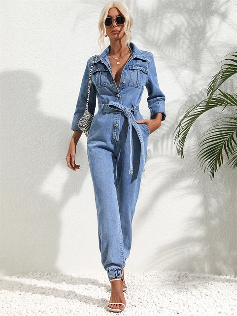 Casual denim jumpsuit met riem en lange mouwen – Dames