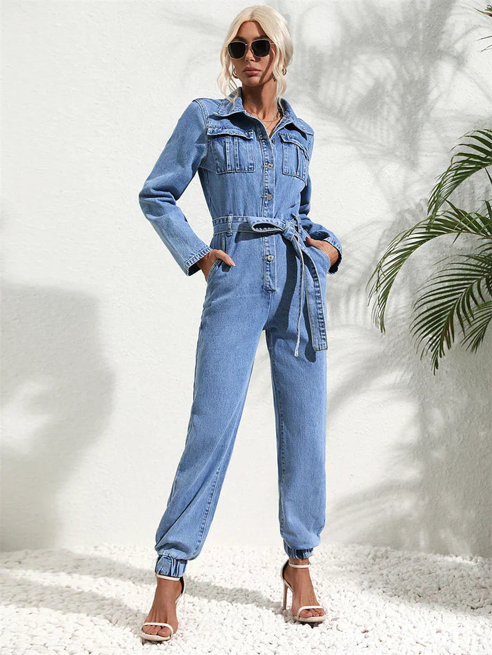 Casual denim jumpsuit met riem en lange mouwen – Dames