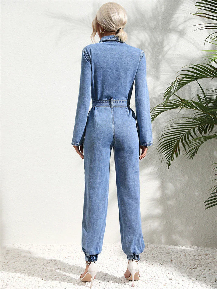 Casual denim jumpsuit met riem en lange mouwen – Dames