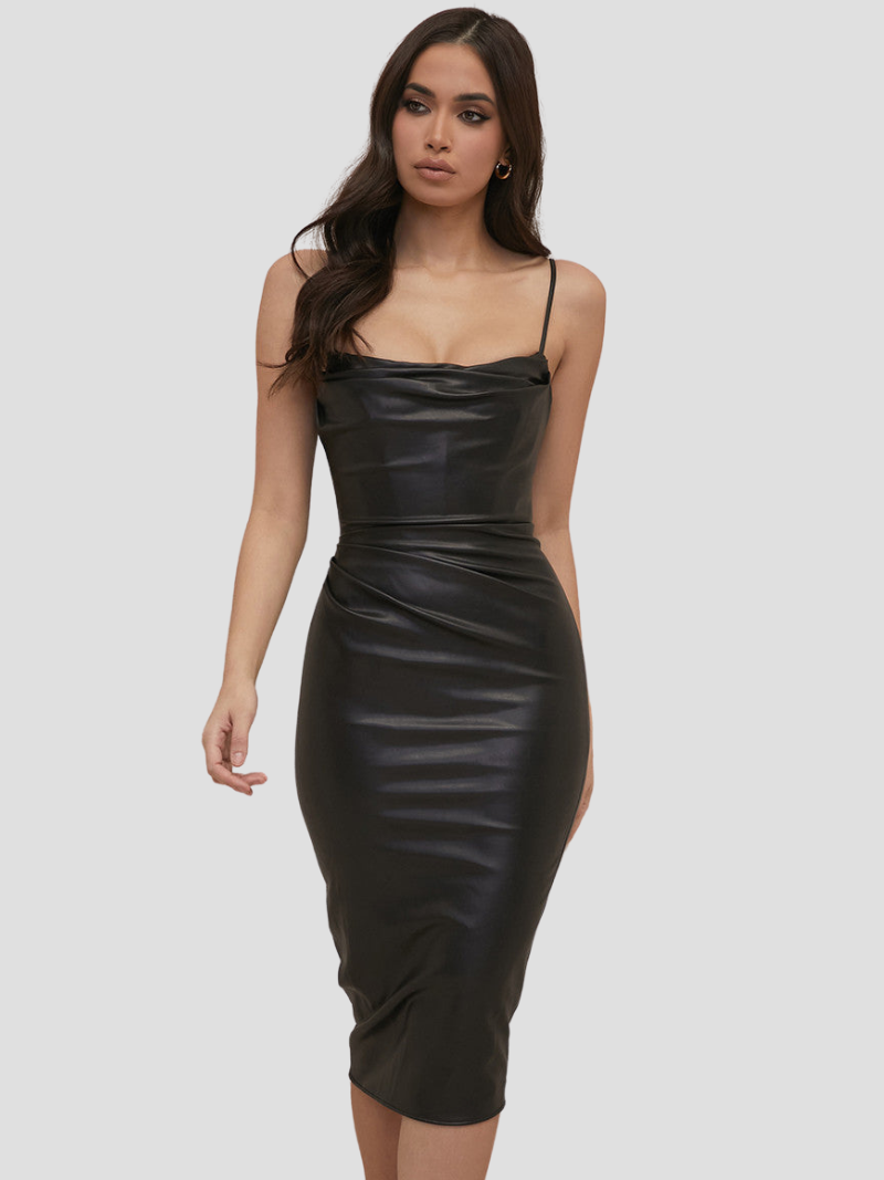 Lise | Elegante Zwarte Leren Midi Zomerjurk Voor Dames