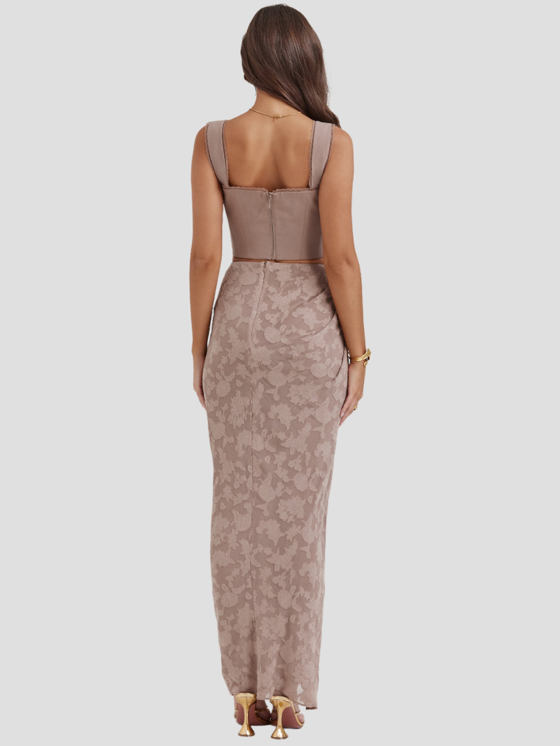 Mila | Elegante Kaki Set Paddenstoelkorset Met Kanten Rand En Maxi Rok Voor De Zomer Voor Dames