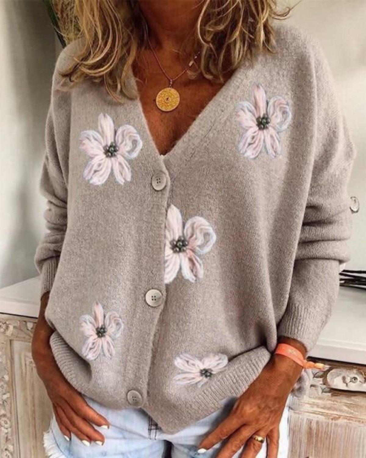 Modieuze cardigan met bloemenprint en borduurwerk – Dames