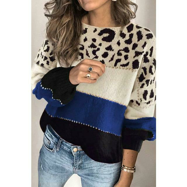 Patchwork trui met luipaardprint en ronde hals – Dames