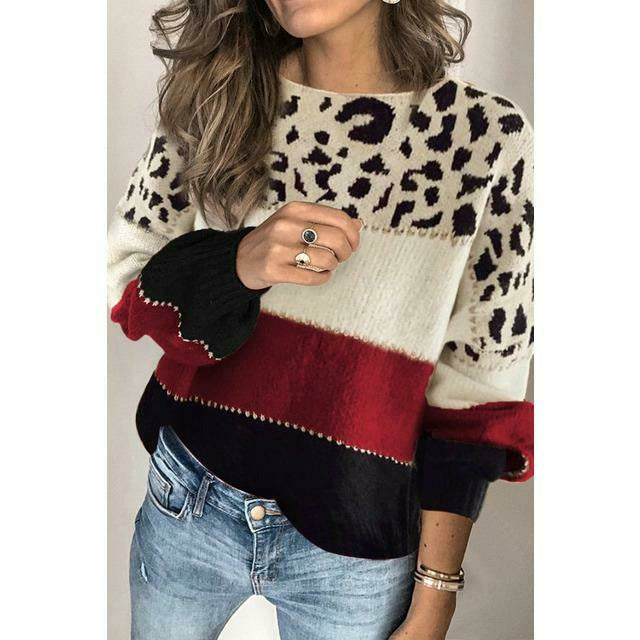 Patchwork trui met luipaardprint en ronde hals – Dames