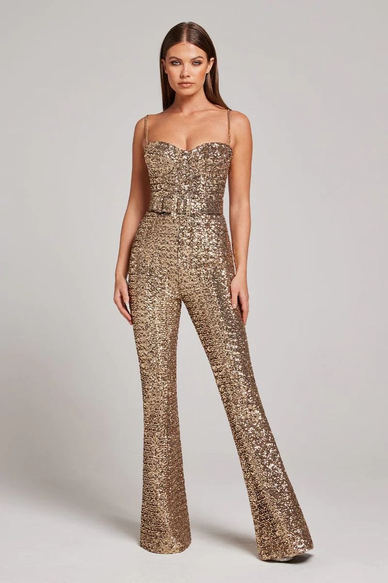 Glinsterende jumpsuit met taille riem van rekbare stof – Dames