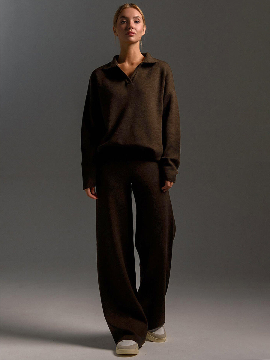 Comfortabele loungewear herfst set gebreid met oversized trui en wijde broek – Dames