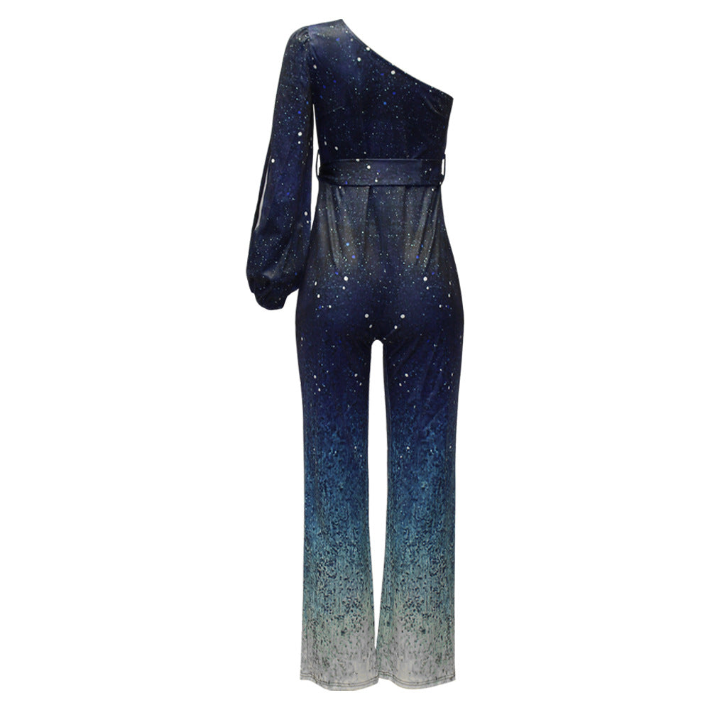 One-shoulder disco jumpsuit met ombre wijde pijpen voor feestelijke avonden – Dames
