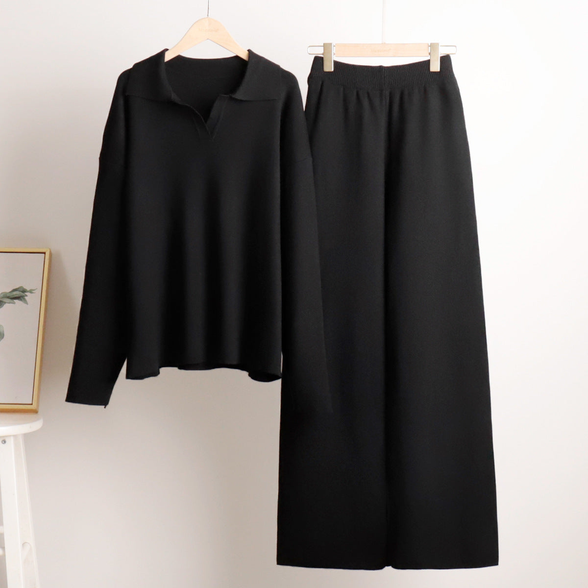 Comfortabele loungewear herfst set gebreid met oversized trui en wijde broek – Dames
