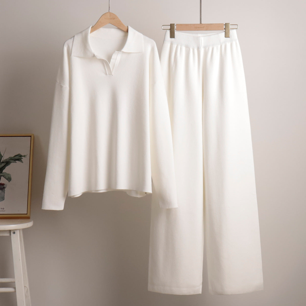 Comfortabele loungewear herfst set gebreid met oversized trui en wijde broek – Dames