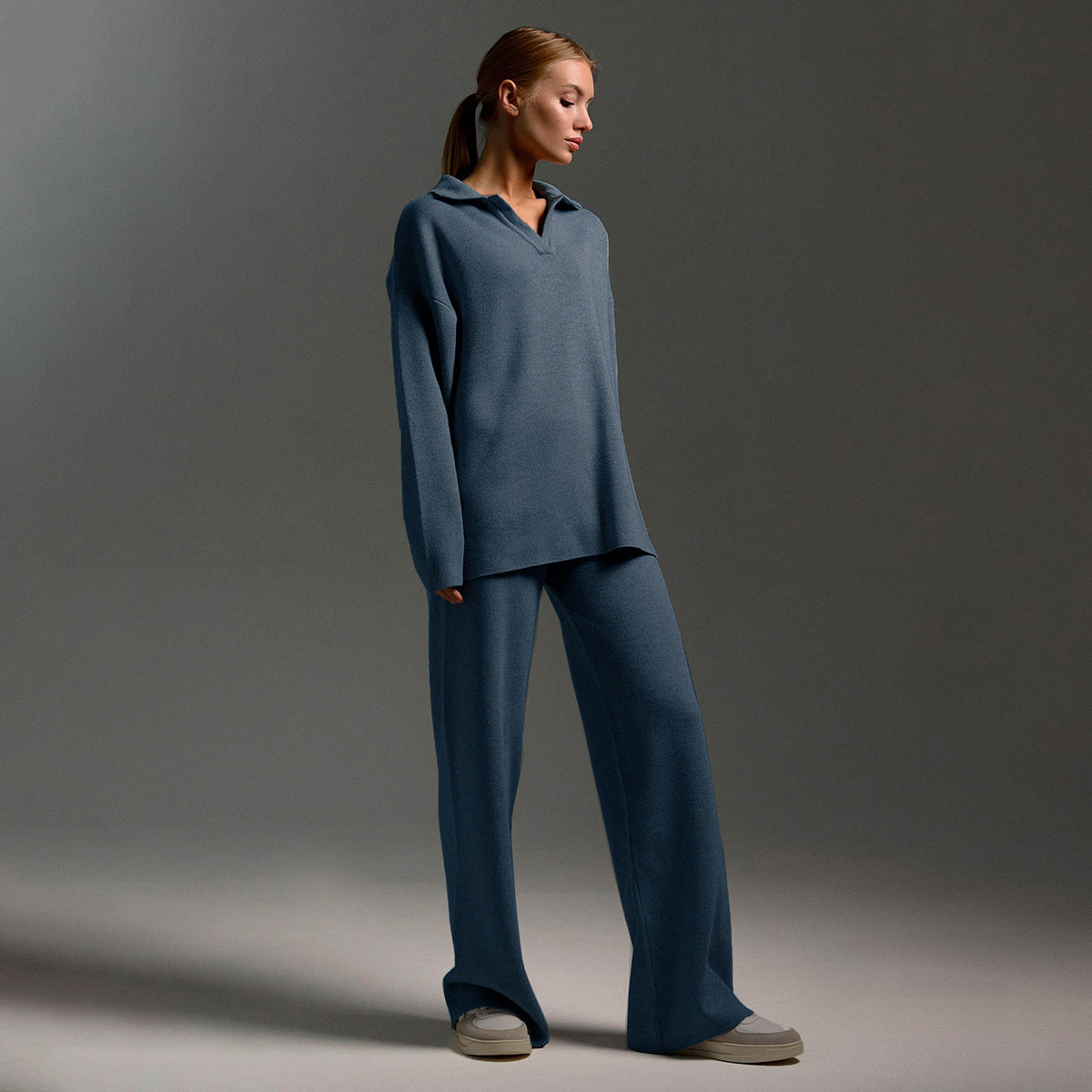 Comfortabele loungewear herfst set gebreid met oversized trui en wijde broek – Dames