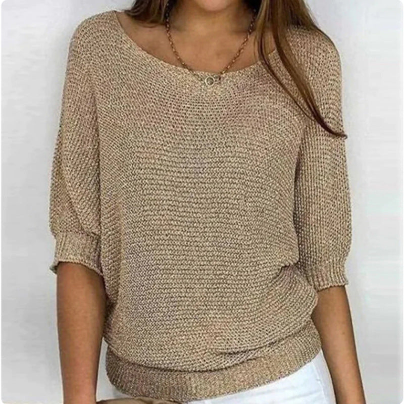 Effen casual trui met ronde hals en driekwart mouwen – Dames