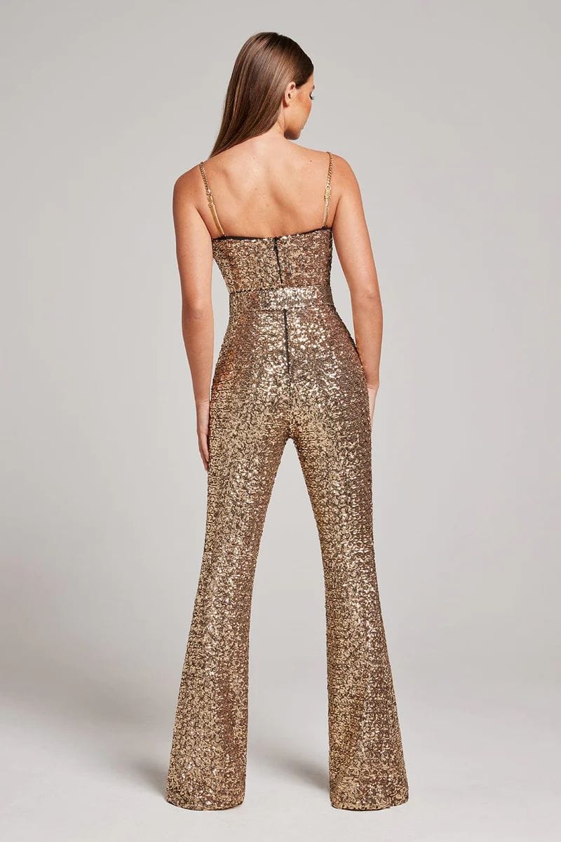 Glinsterende jumpsuit met taille riem van rekbare stof – Dames