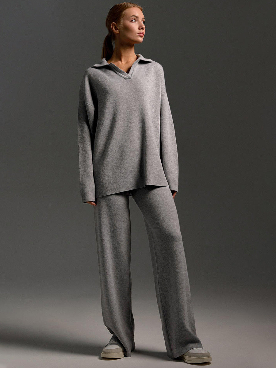 Comfortabele loungewear herfst set gebreid met oversized trui en wijde broek – Dames