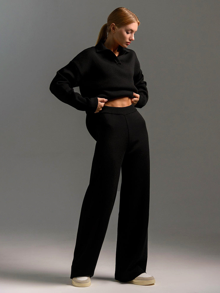 Comfortabele loungewear herfst set gebreid met oversized trui en wijde broek – Dames