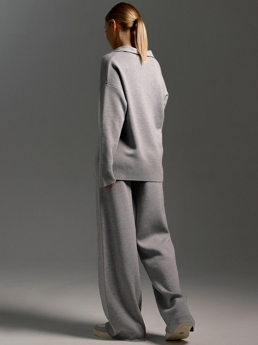 Comfortabele loungewear herfst set gebreid met oversized trui en wijde broek – Dames