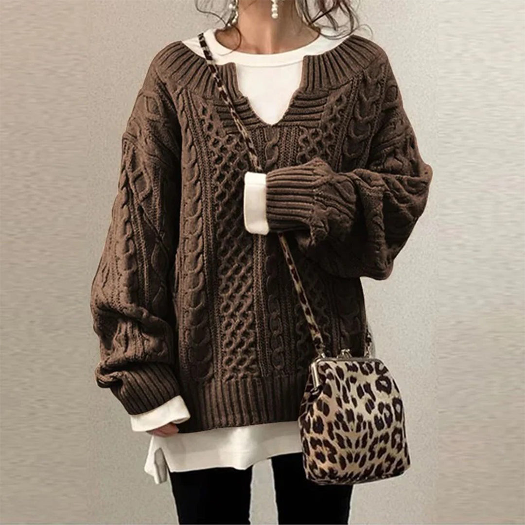 Oversized kabelgebreide trui met ronde hals en lange mouwen – Dames