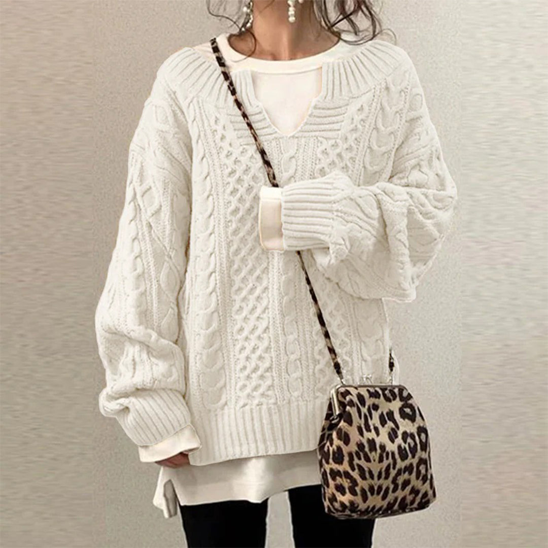 Oversized kabelgebreide trui met ronde hals en lange mouwen – Dames