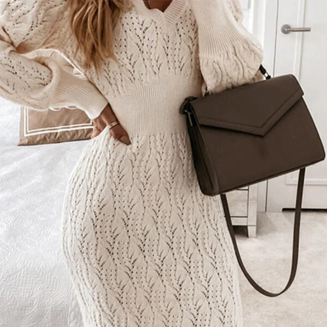 Elegante gebreide jurk met v-hals en lange mouwen – Dames