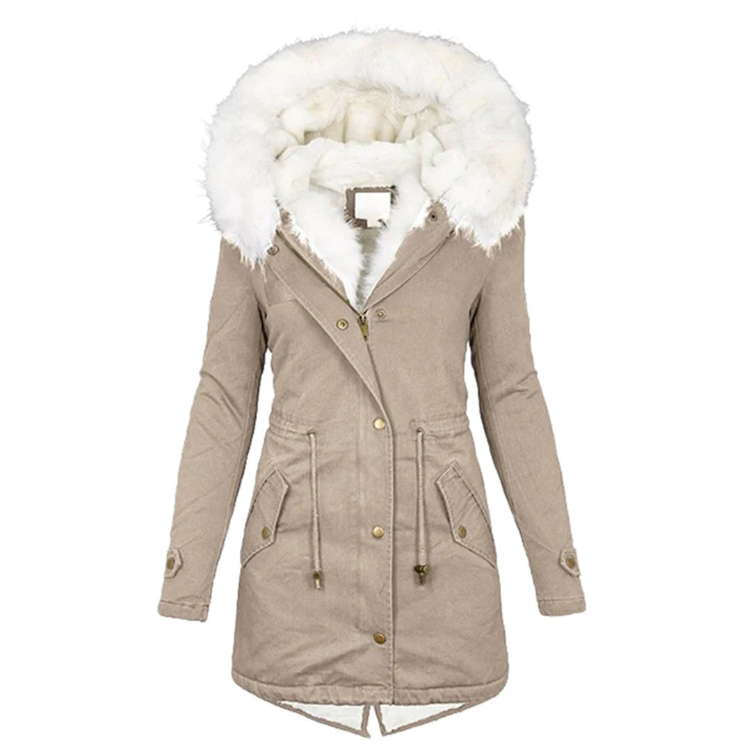 Lange winterjas met capuchon en bontkraag – Dames