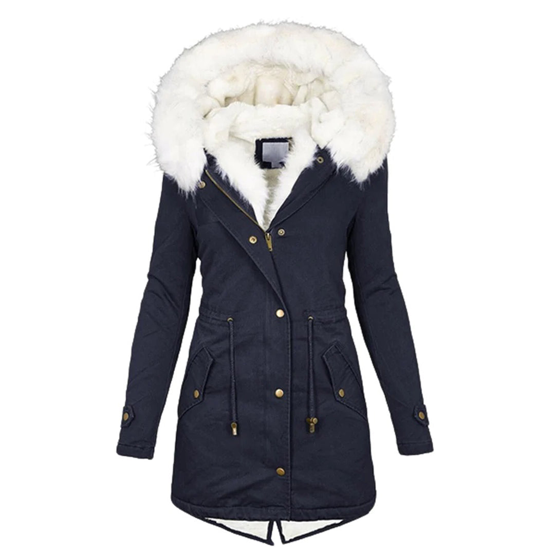 Lange winterjas met capuchon en bontkraag – Dames