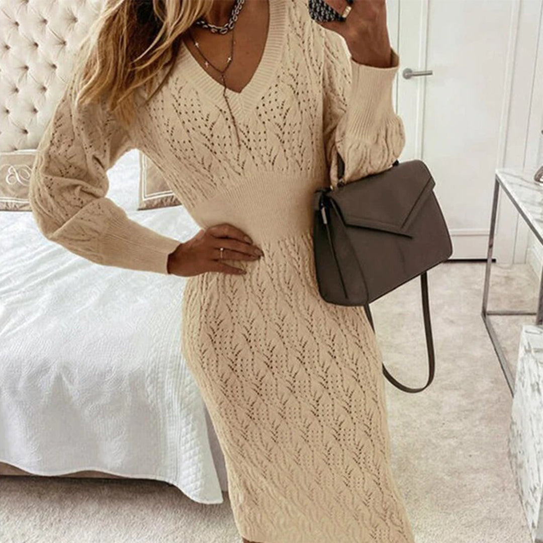 Elegante gebreide jurk met v-hals en lange mouwen – Dames