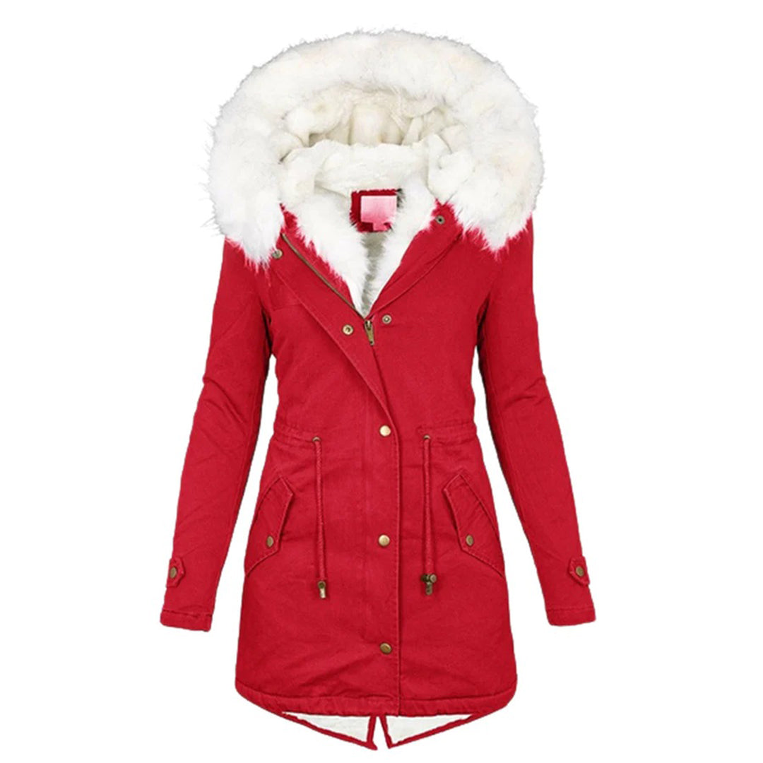 Lange winterjas met capuchon en bontkraag – Dames