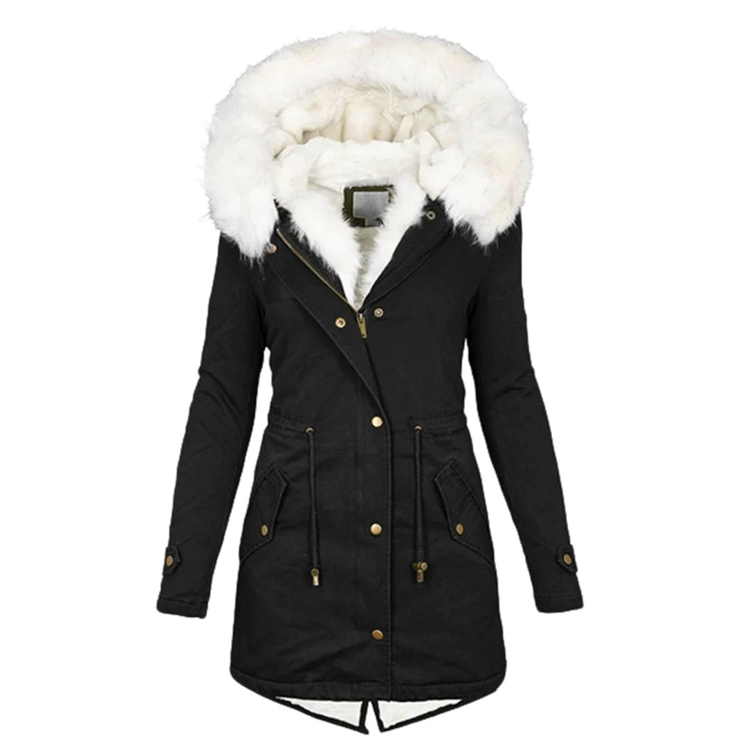 Lange winterjas met capuchon en bontkraag – Dames