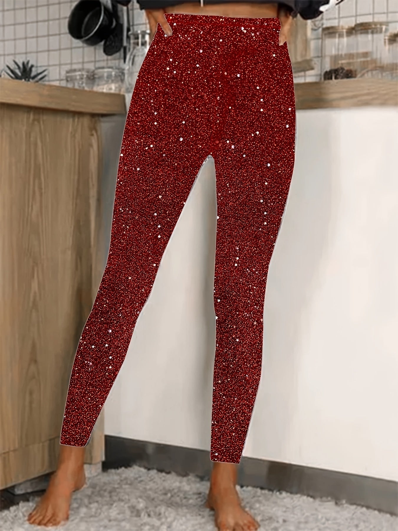 Stijlvolle Glitter Legging Met Hoge Taille Voor Feestelijke Gelegenheden - Dames