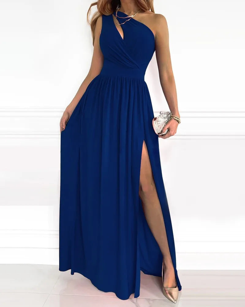 Verfijnde one-shoulder maxi jurk met korsetdetail en vloeiende rok – Dames