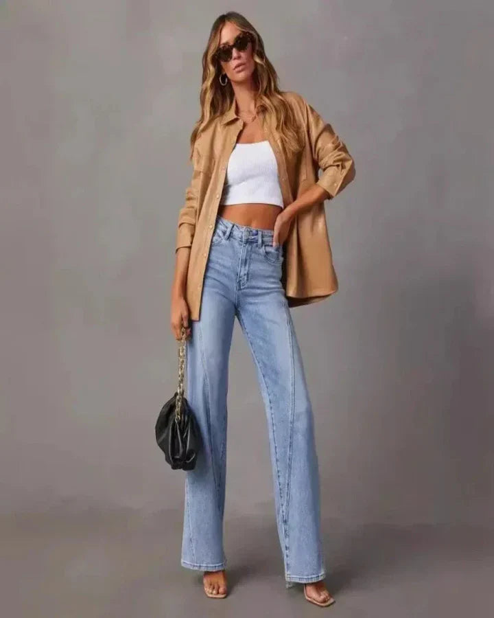 Trendy high-waisted jeans van katoenmix met oversized pasvorm – Dames