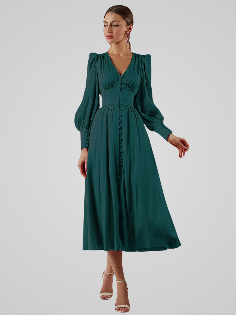 Elegante satijnen maxi jurk met wijde mouwen - Dames