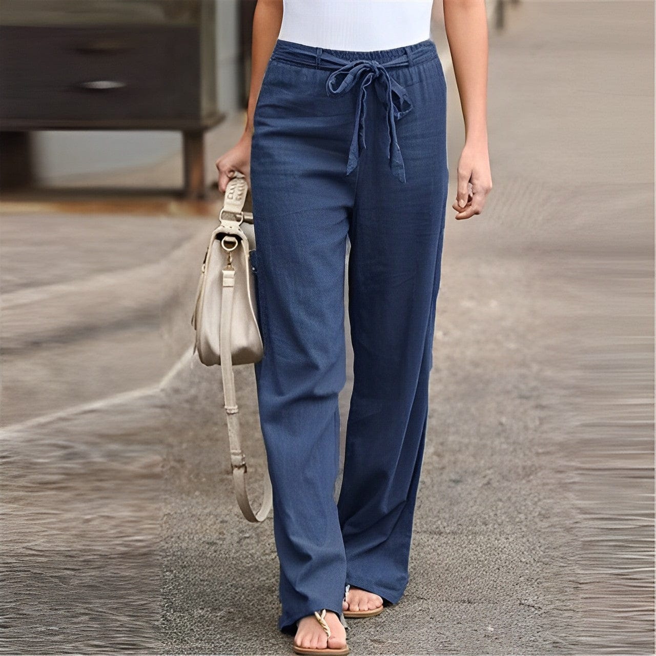 Elegante linnen broek met elastische tailleband met striksluiting - Dames