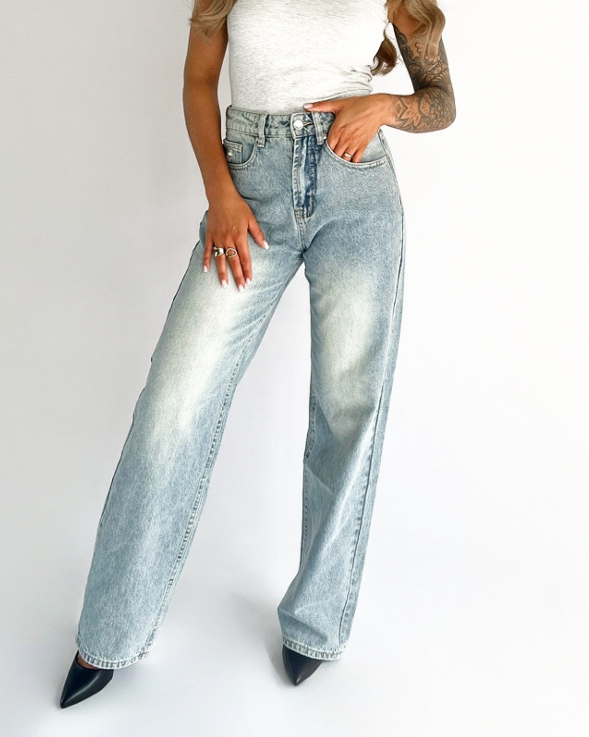 Stijlvolle jeans met hoge taille en wijde pijpen - Dames