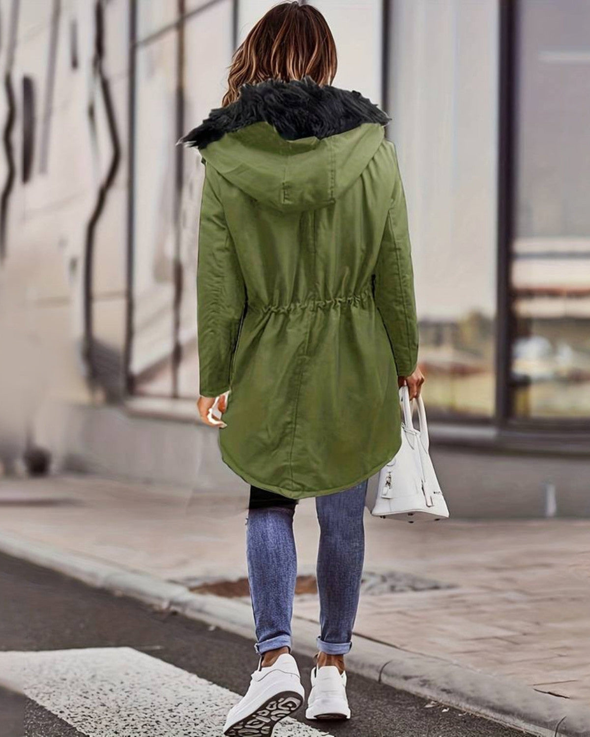 Stijlvolle parka jas met imitatiebont capuchon – Dames