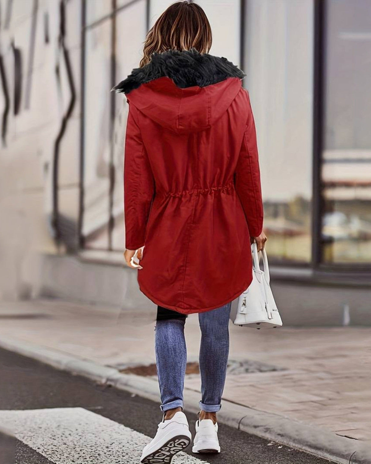 Stijlvolle parka jas met imitatiebont capuchon – Dames